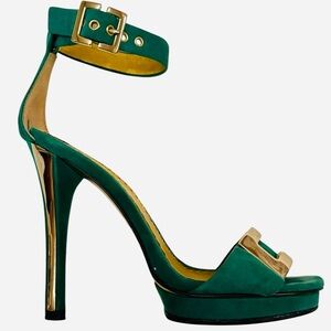 Bebe Green Suede Ankle Strap Heels Gold Logo Detail Size 6